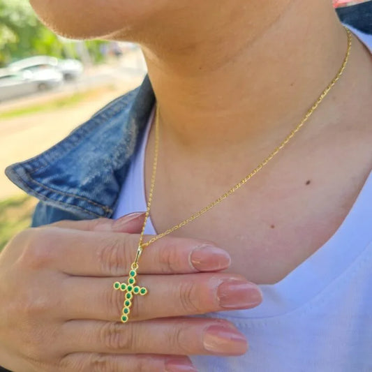 Cadena Tejido 1*1 Y Colgante Cruz Verde Oro Laminado 18k