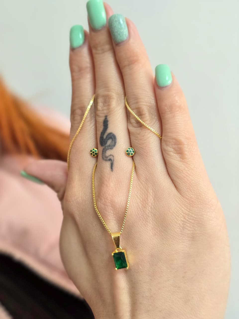 Set Cadena Veneciana, Dije Dimer y Aretes Punto Verde Oro Laminado 18k