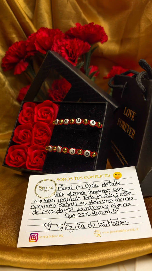 Especial Día de la Madre Brazalete Rojo Hijo-Mama Balín Oro Laminado 18k