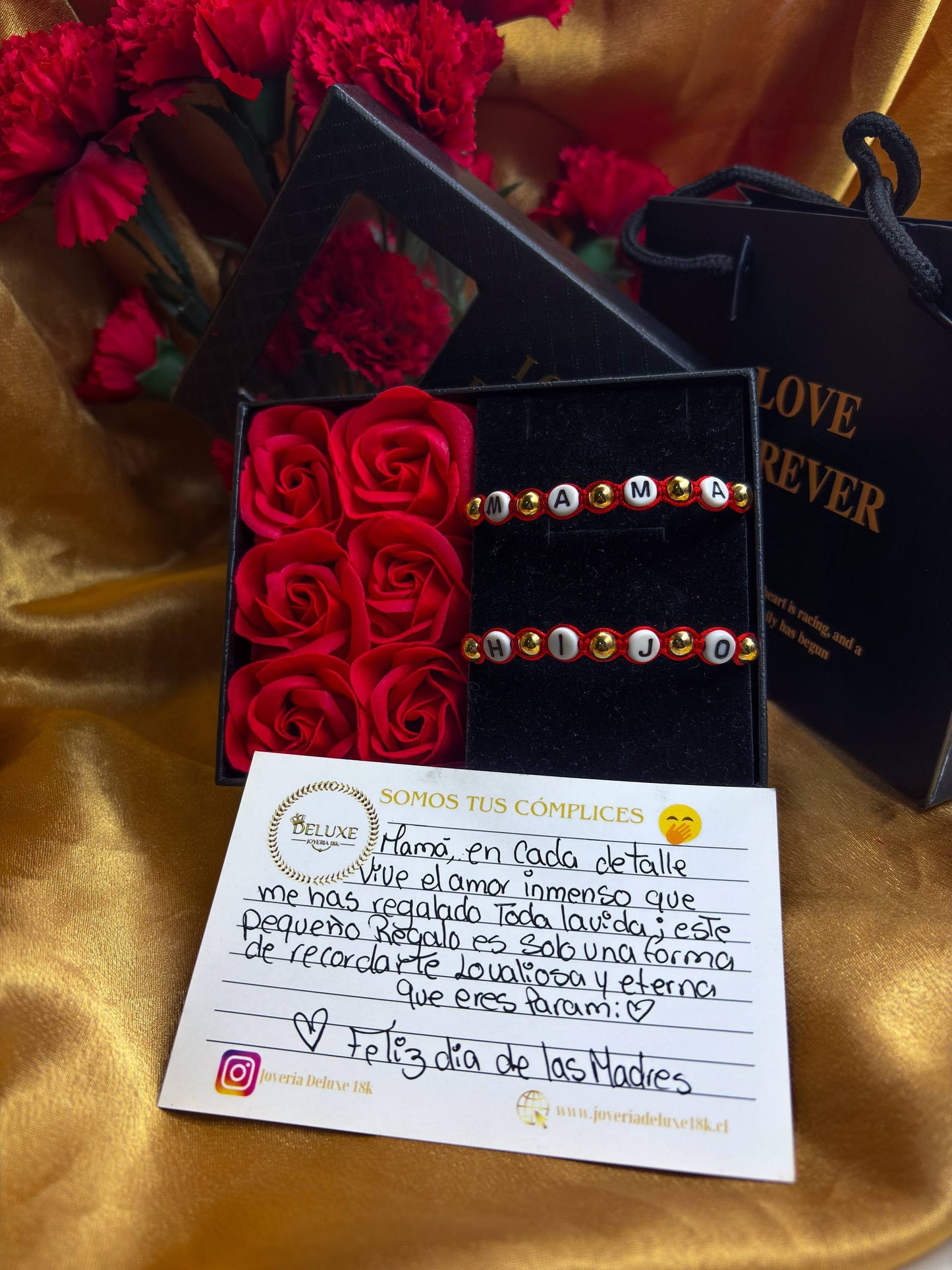 Especial Día de la Madre Brazalete Rojo Hijo-Mama Balín Oro Laminado 18k