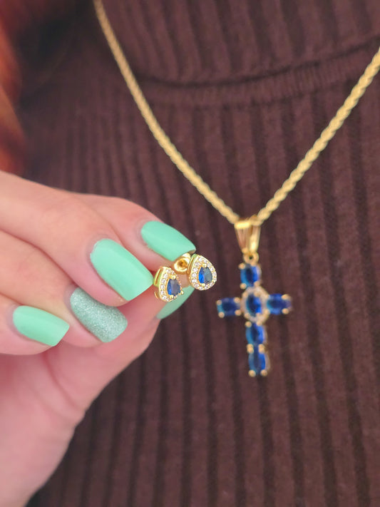 Set Cadena Tejido Tourbillon, Arete Gota Bordes Circonias Y Colgante Cruz Brightness Oro Laminado 18k