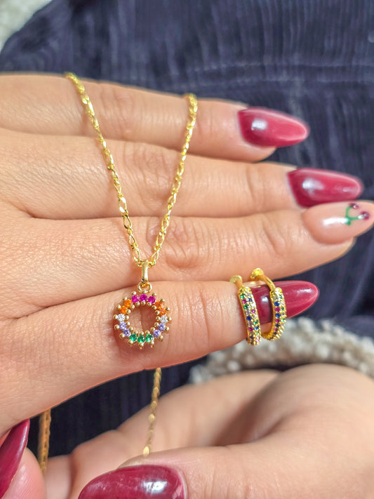 Set Cadena tejido 1x1, colgante y Arete Candonga Rainbow Colors Oro Laminado 18k