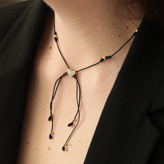 Chokers Largo Negro Con Corazón Oro laminado 18k