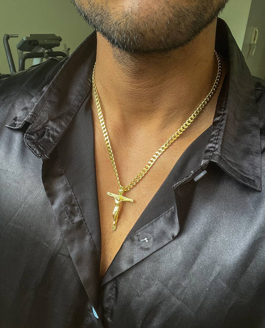 Cadena Tejido Cubana Gruesa Y Colgante Cristo Madero Grande Oro Laminado 18k