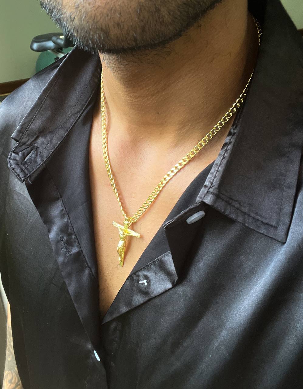 Cadena Tejido Cubana Gruesa Y Colgante Cristo Madero Grande Oro Laminado 18k