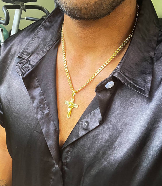 Cadena Tejido Cubana Gruesa Unisex Y Colgante Cruz San Benito Grande Oro Laminado 18k