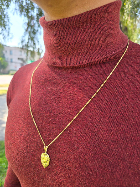 Cadena Cubana Delgada Y Dije Silueta León Oro Laminado 18k