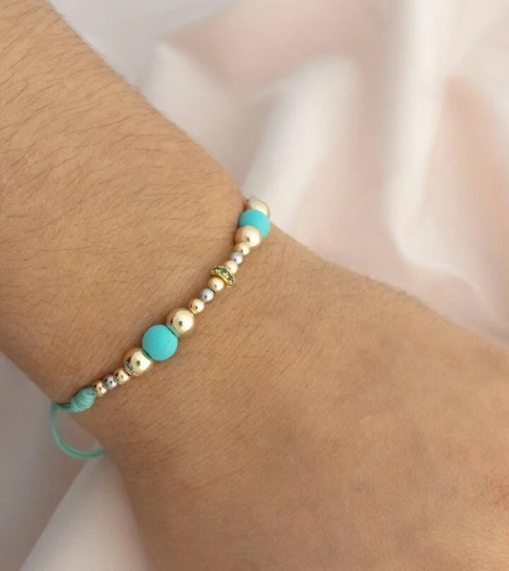 Brazalete Azul Verdoso Balín Oro Laminado 18k