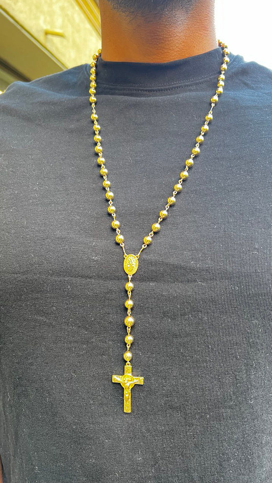 Rosario Balin 8mm Cruz San Benito Oro Laminado 18k