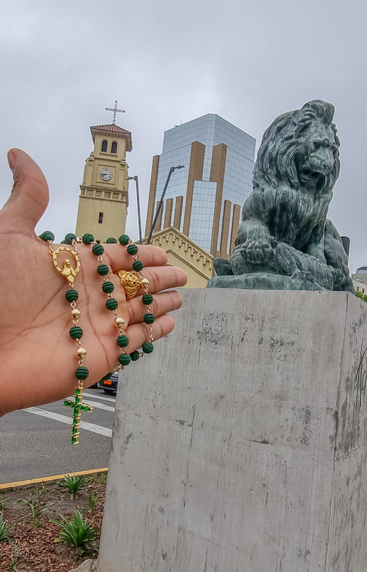 Rosario Virgen Y Cruz Esmeralda Oro Laminado 18k