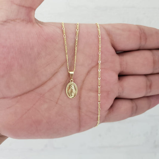 Cadena tejido 3x1 Diamantada Y Colgante Virgen Milagrosa Pequeña Oro Laminado 18k