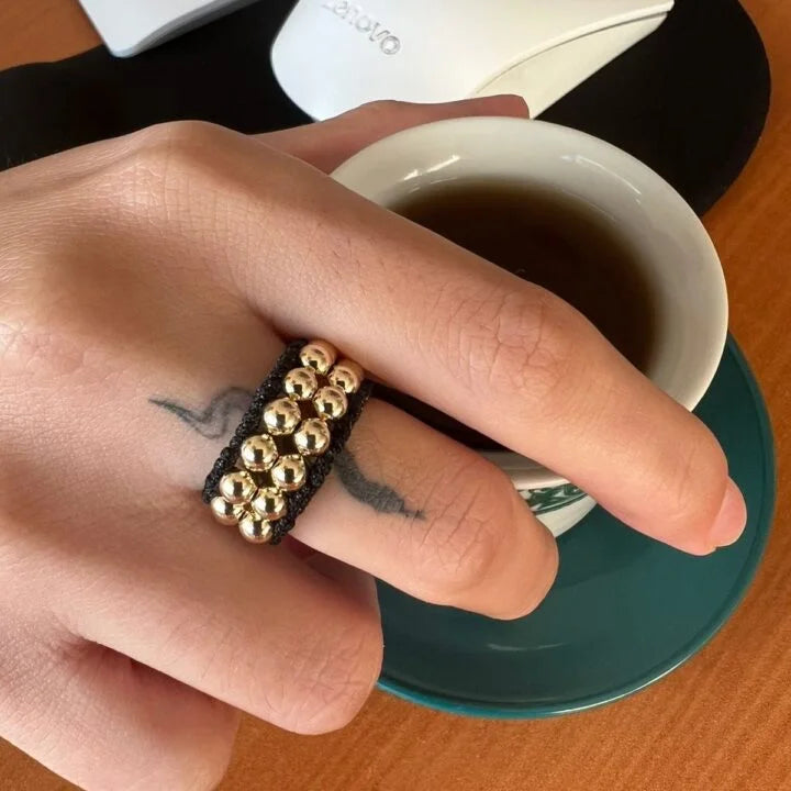 Anillo Doble Tejido Tubular Macramé Oro Laminado 18k