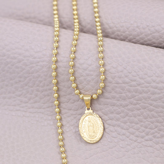 Cadena Tejido Militar Semi Gruesa Y Colgante Guadalupe Mediana Diamantada Oro Laminado 18k