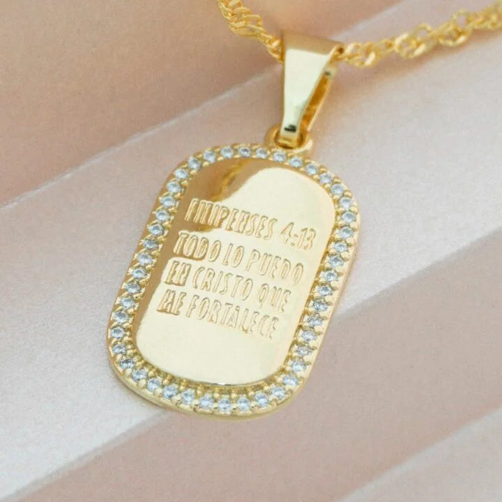 Colgante Placa Filipenses 4:13 Oro Laminado 18k