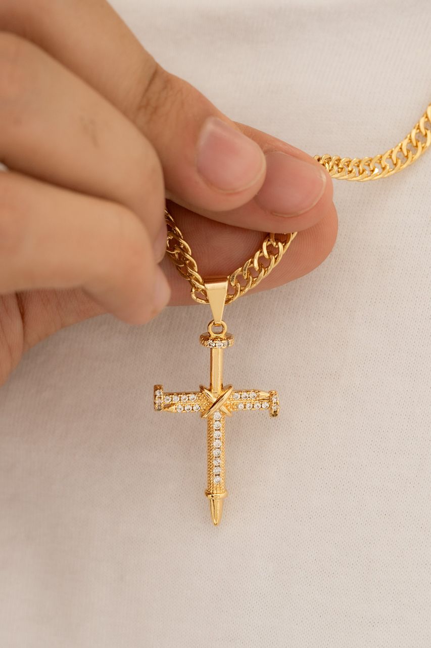 Colgante Cruz Clavos Circonias Cristal Oro Laminado 18k