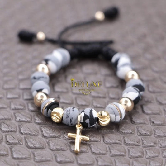 Brazalete Con Colgante Cruz Balín Oro Laminado 18k