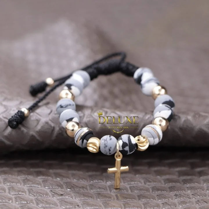 Brazalete Con Colgante Cruz Balín Oro Laminado 18k