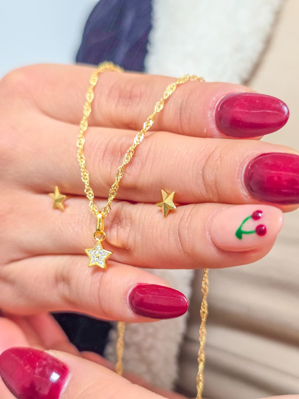 Set Cadena Singapur, Colgante Little Star y Aretes Mini Estrella Oro Laminado 18k