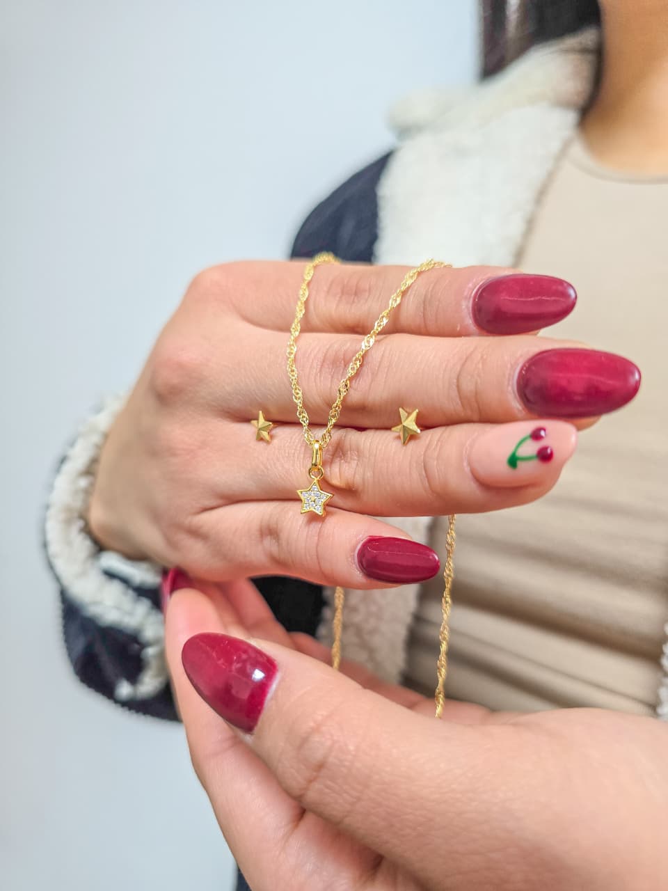 Set Cadena Singapur, Colgante Little Star y Aretes Mini Estrella Oro Laminado 18k