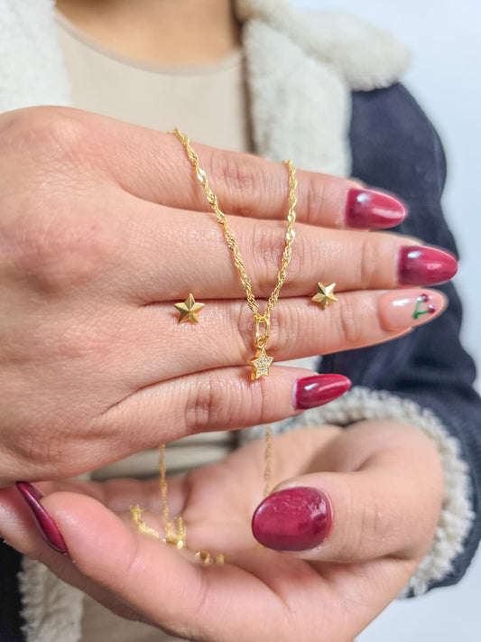 Set Cadena Singapur, Colgante Little Star y Aretes Mini Estrella Oro Laminado 18k