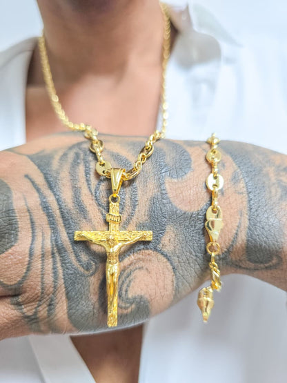 Set Tejido Gucci Cadena, pulsera y colgante cristo madero grande Oro Laminado 18k