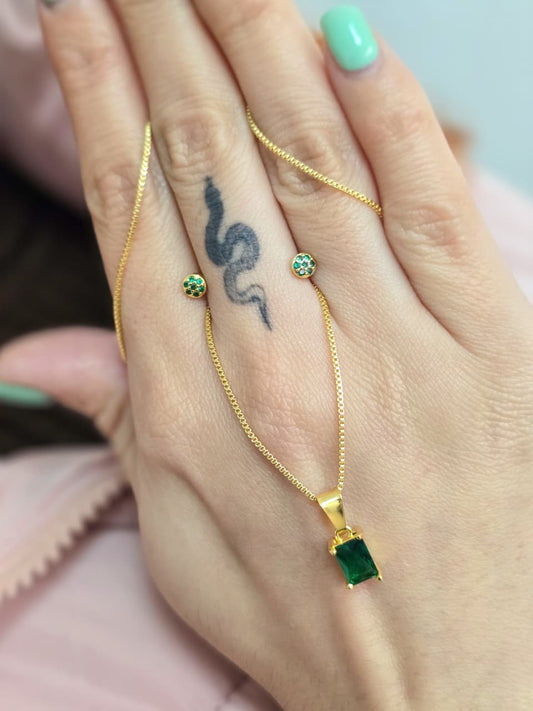 Set Cadena Veneciana, Dije Dimer y Aretes Punto Verde Oro Laminado 18k