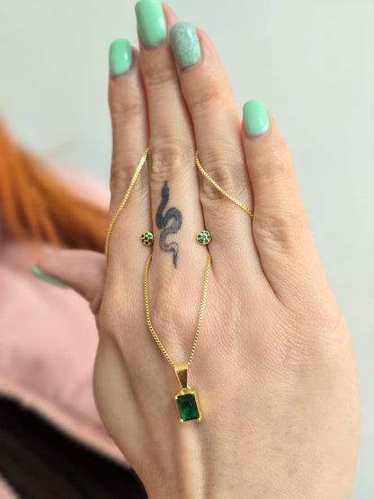 Set Cadena Veneciana, Dije Dimer y Aretes Punto Verde Oro Laminado 18k