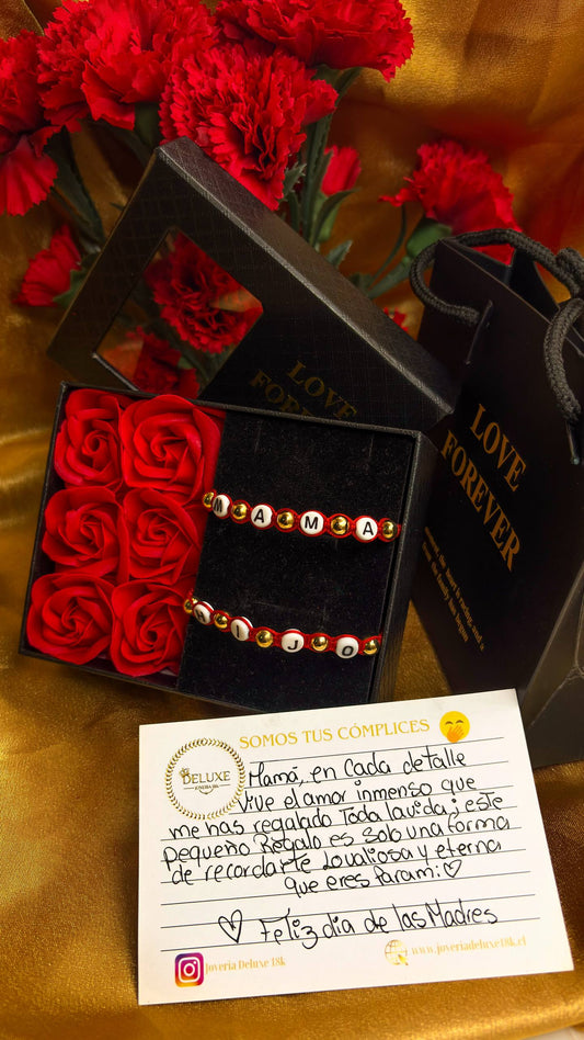 Especial Día de la Madre Brazalete Rojo Hijo-Mama Balín Oro Laminado 18k
