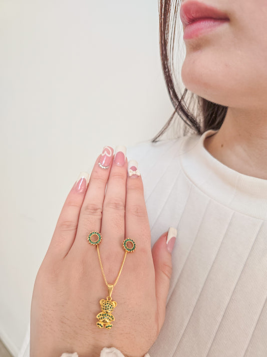 Set Cadena veneciana tejida, Colgante Oso Bear Y Arete Rainbow Oro Laminado 18k