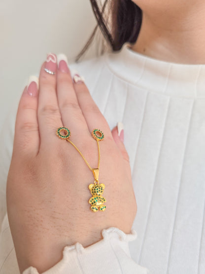 Set Cadena veneciana tejida, Colgante Oso Bear Y Arete Rainbow Oro Laminado 18k