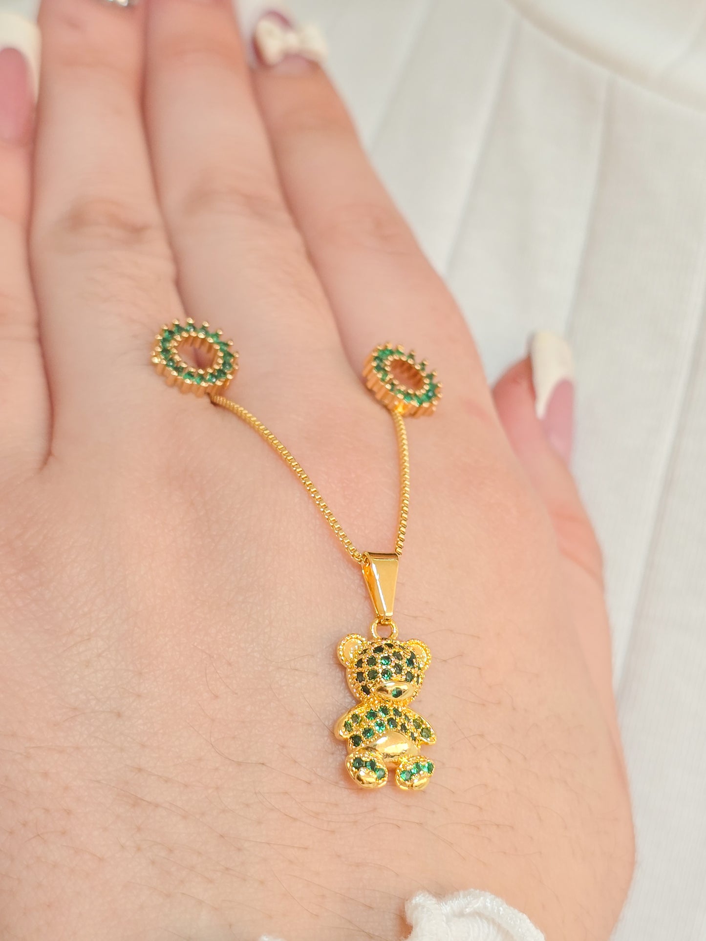 Set Cadena veneciana tejida, Colgante Oso Bear Y Arete Rainbow Oro Laminado 18k