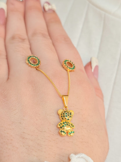 Set Cadena veneciana tejida, Colgante Oso Bear Y Arete Rainbow Oro Laminado 18k