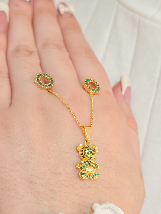 Set Cadena veneciana tejida, Colgante Oso Bear Y Arete Rainbow Oro Laminado 18k