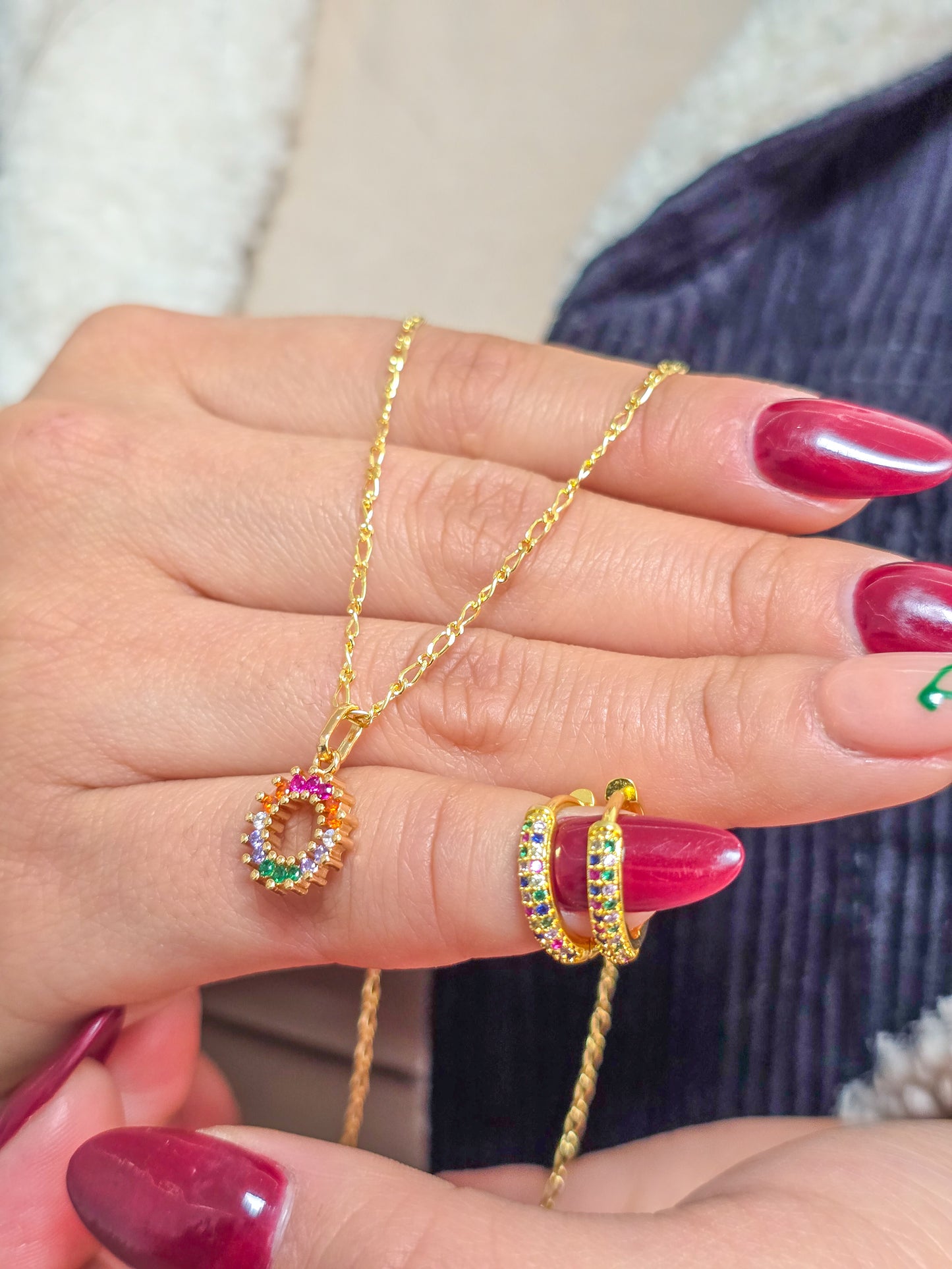 Set Cadena tejido 1x1, colgante y Arete Candonga Rainbow Colors Oro Laminado 18k