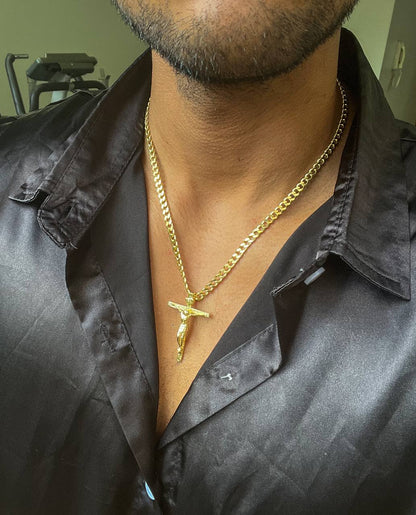 Cadena Tejido Cubana Gruesa Y Colgante Cristo Madero Grande  Oro Laminado 18k