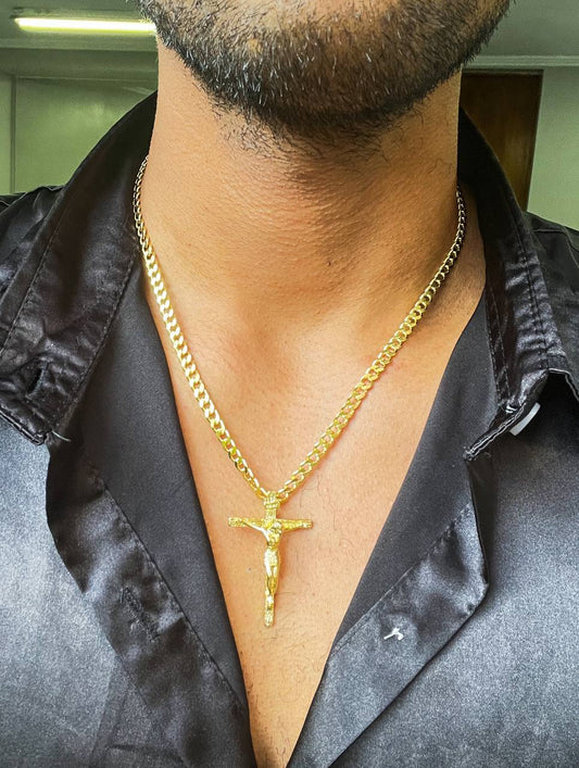Cadena Tejido Cubana Gruesa Y Colgante Cristo Madero Grande  Oro Laminado 18k
