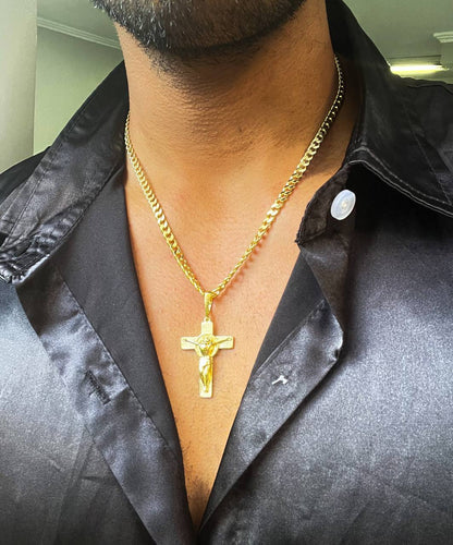 Cadena Tejido Cubana Gruesa Unisex Y Colgante Cruz San Benito Grande Oro Laminado 18k