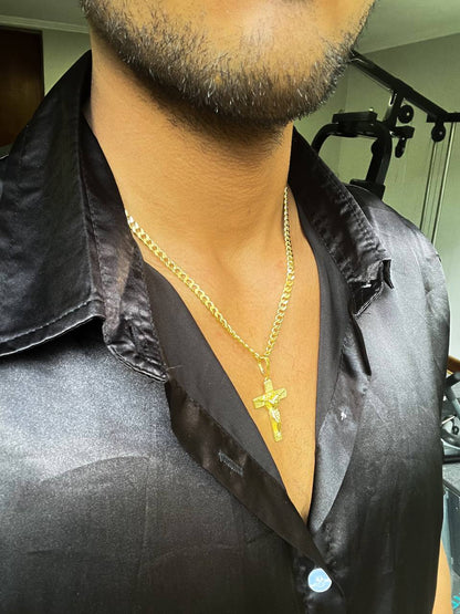 Cadena Tejido Cubana Gruesa Unisex Y Colgante Cruz San Benito Grande Oro Laminado 18k