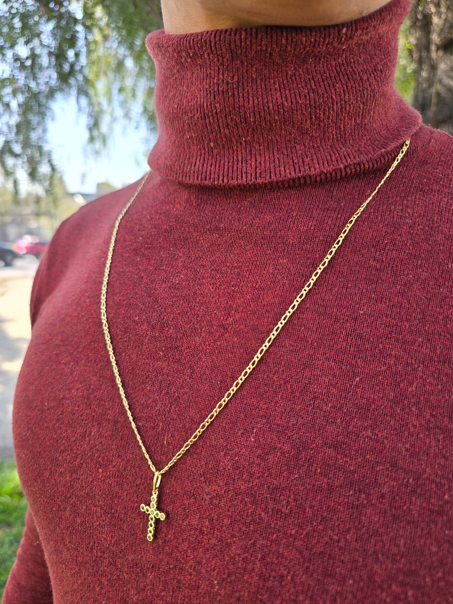 Cadena Tejido 1*1 Semi Delgada Y Colgante Cruz Mini Swarovski Oro Laminado 18k