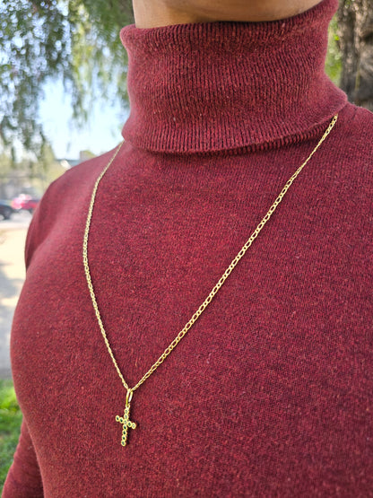 Cadena Tejido 1*1 Semi Delgada Y Colgante Cruz Mini Swarovski Oro Laminado 18k