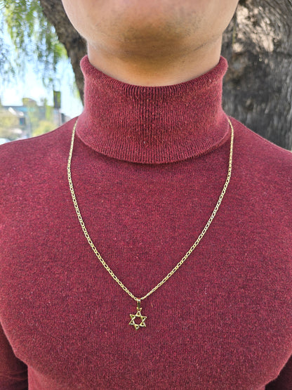 Cadena Tejido 1×1 Semi Delgada Y Colgante Estrella De David Oro Laminado 18k