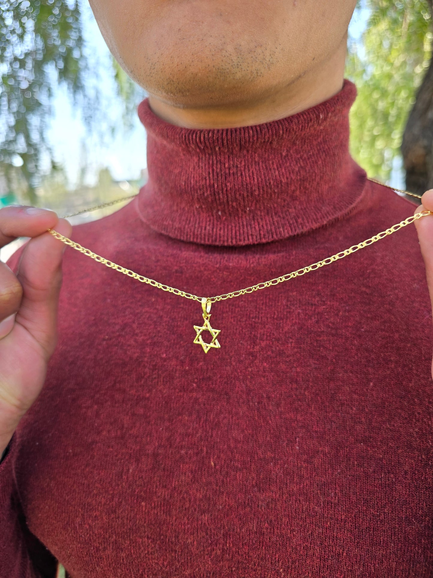 Cadena Tejido 1×1 Semi Delgada Y Colgante Estrella De David Oro Laminado 18k