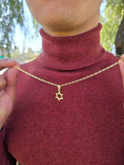 Cadena Tejido 1×1 Semi Delgada Y Colgante Estrella De David Oro Laminado 18k