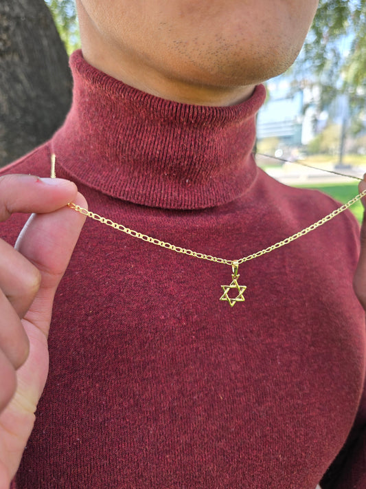 Cadena Tejido 1×1 Semi Delgada Y Colgante Estrella De David Oro Laminado 18k