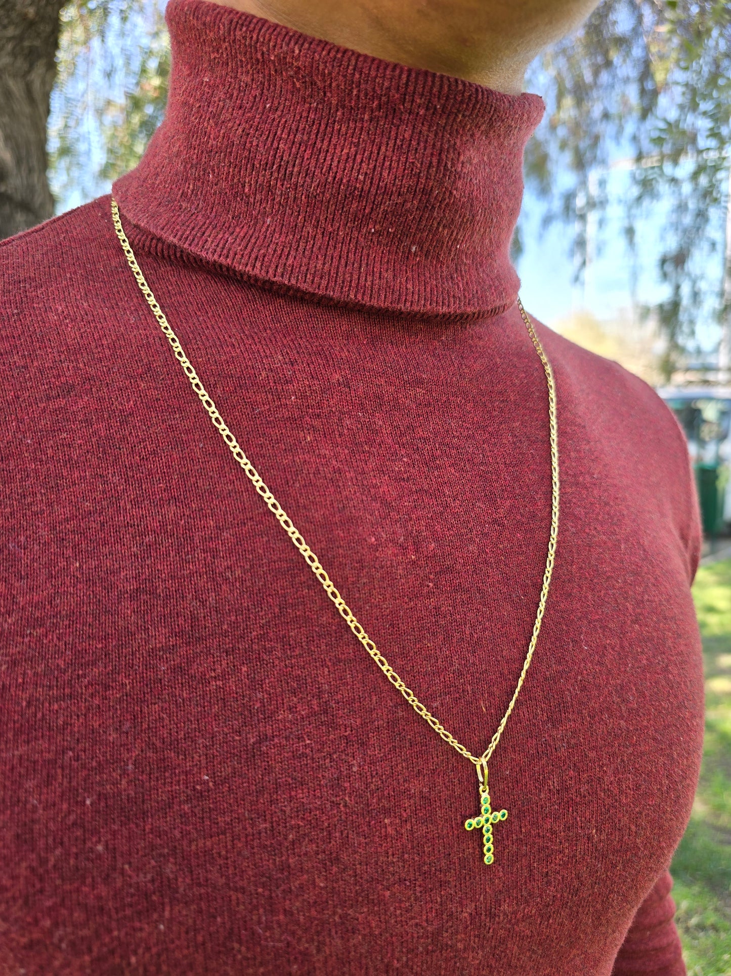 Cadena Tejido 1*1 Semi Delgada Y Colgante Cruz Mini Swarovski Oro Laminado 18k