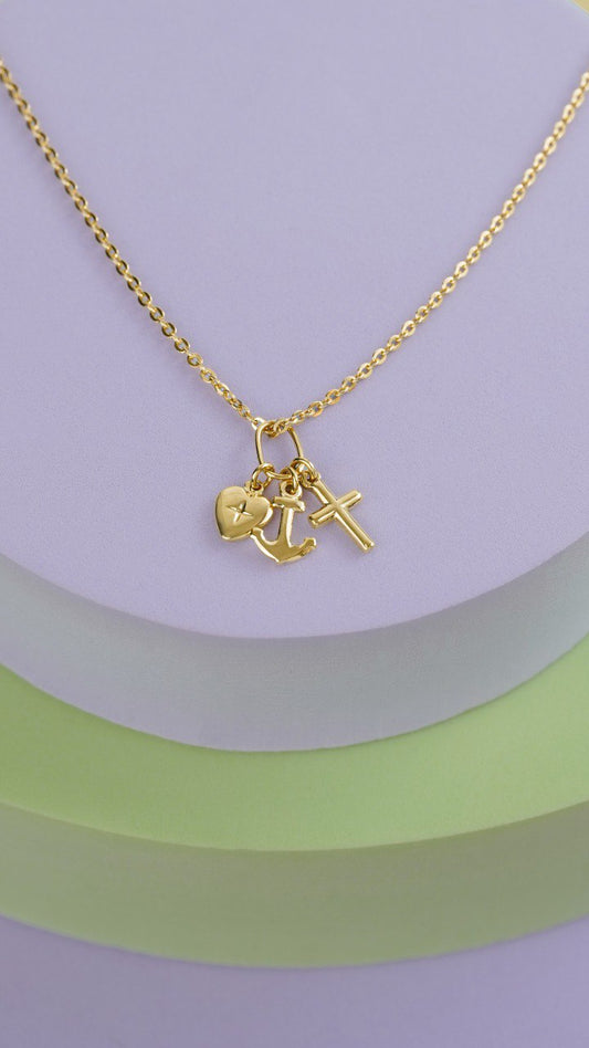 Cadena Tejido Aros Delgada Y Colgante Tres Gracias Oro Laminado 18k