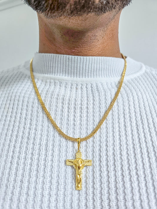 Cadena Tejido Serpiente Y Colgante Cruz San Benito Grande Oro Laminado 18k