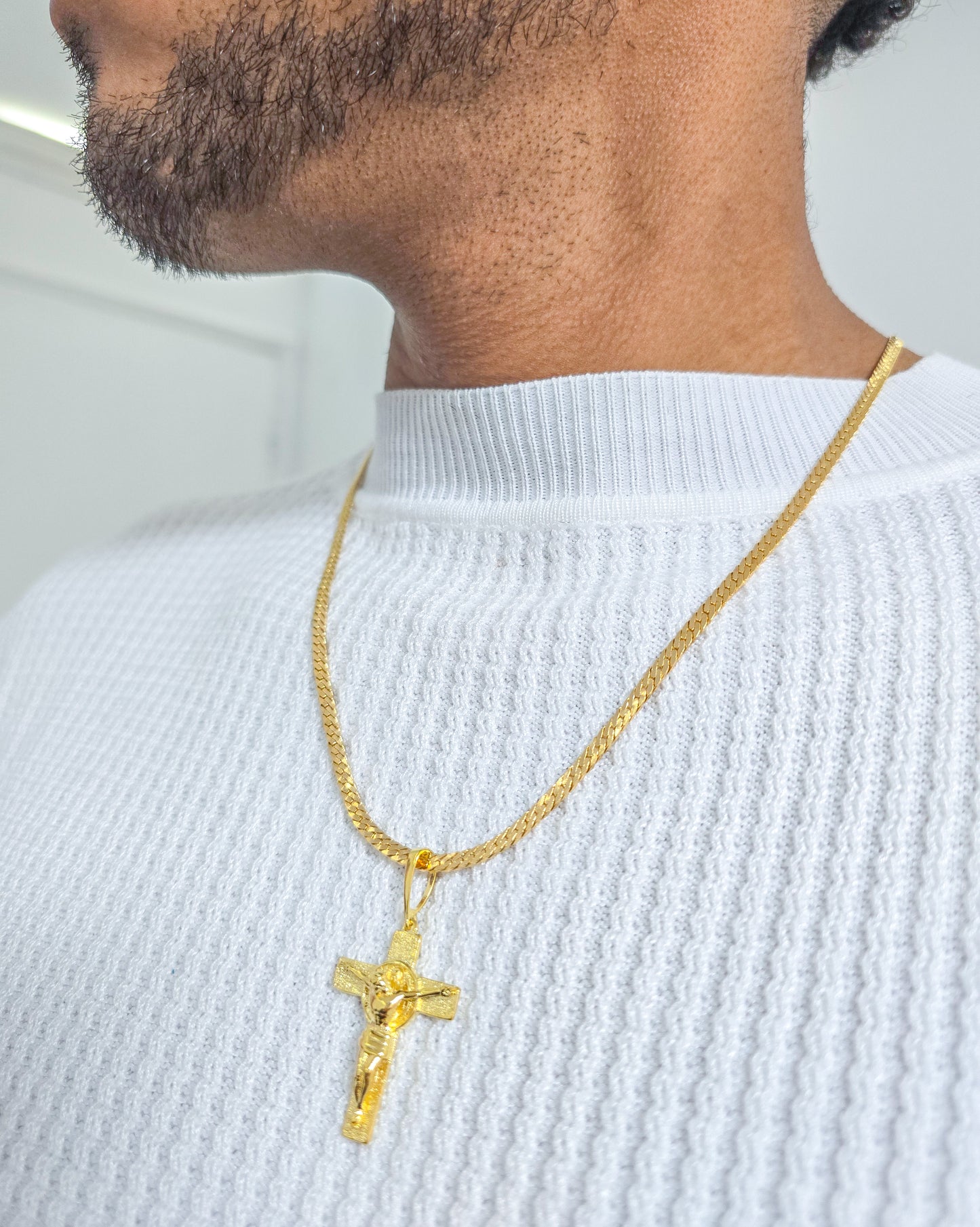 Cadena Tejido Serpiente Y Colgante Cruz San Benito Grande Oro Laminado 18k