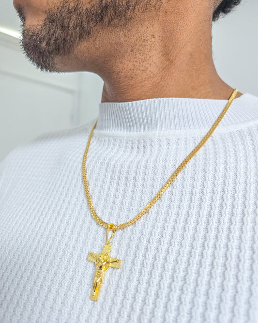 Cadena Tejido Serpiente Y Colgante Cruz San Benito Grande Oro Laminado 18k