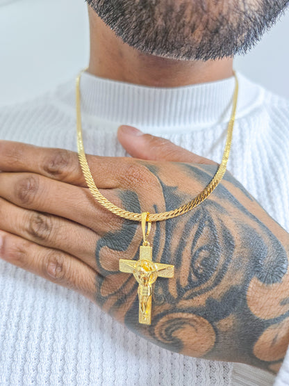 Cadena Tejido Serpiente Y Colgante Cruz San Benito Grande Oro Laminado 18k